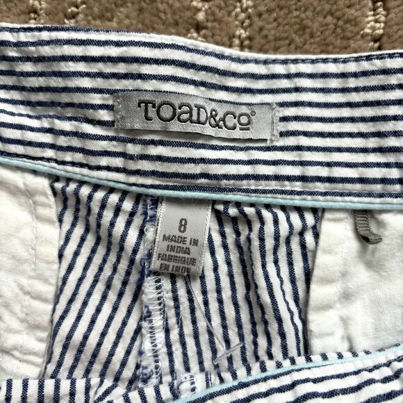 Toad & Co 100% Organic Cotton Seersucker Blue White Striped Shorts Sz 8 Preppy - Picture 4 of 7